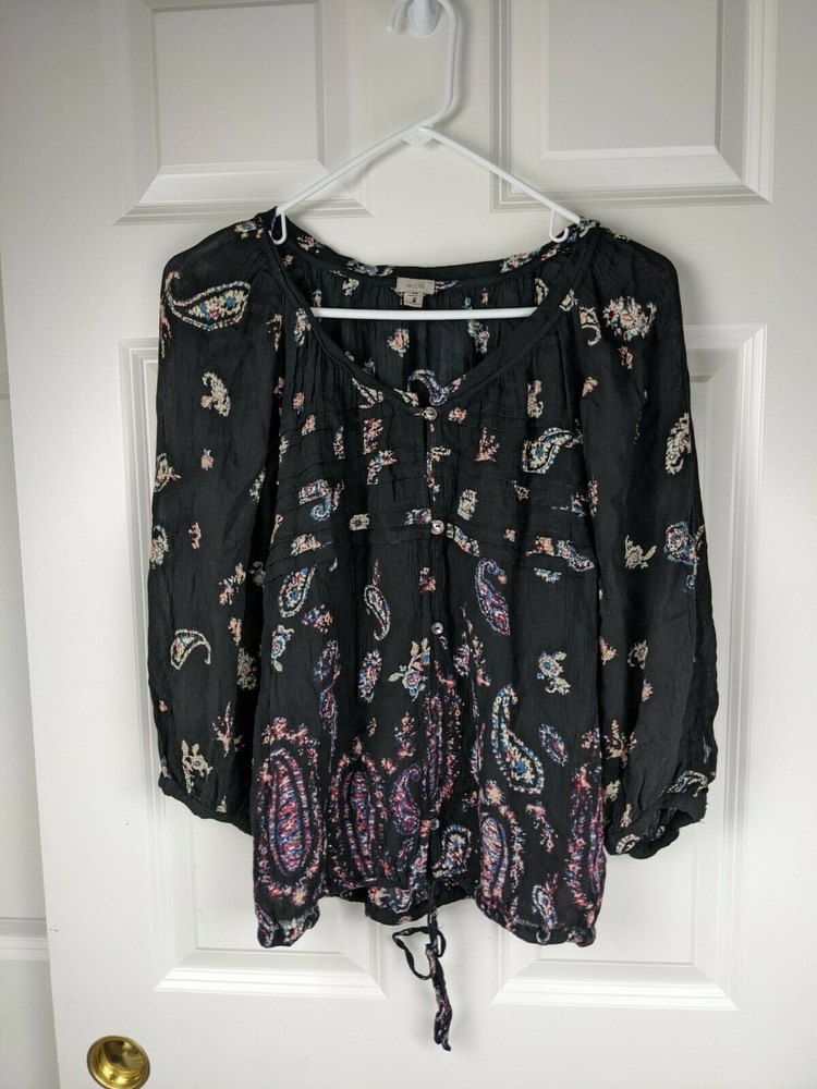 Ecote Urban Outfitters Floral Paisley Printed Black Blouse Top Boho Size S